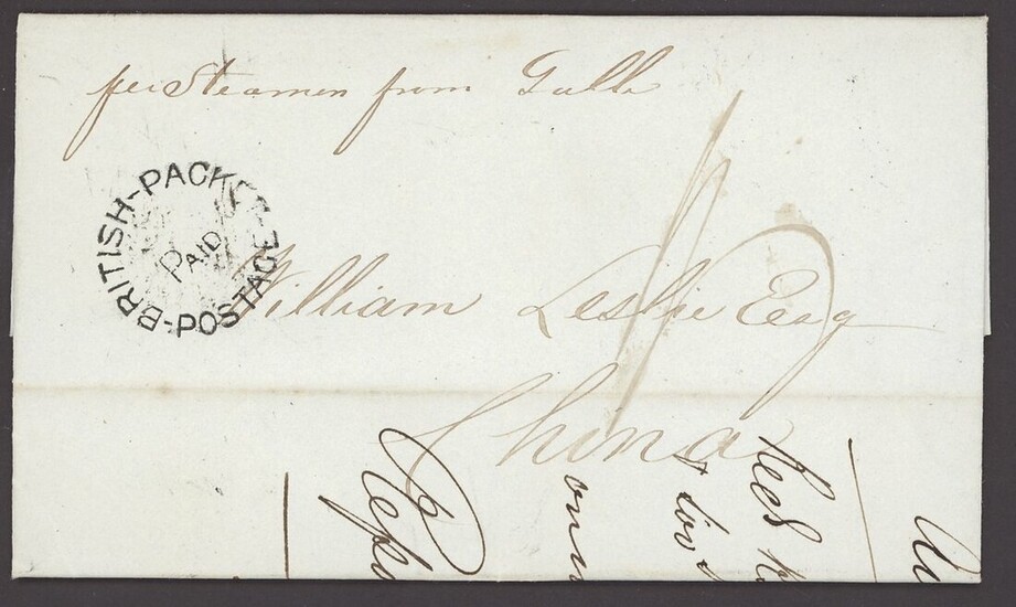 Ceylon Early Letters and Handstamps Colombo 1846 (26 Dec.) entire letter to Hong Kong, marked "...