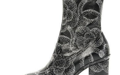 Chanel Calfskin Camellia Printed Ankle Boots 36.5 Black White