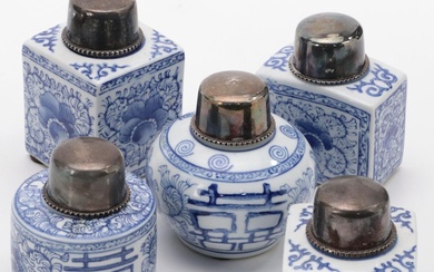 Chinese Blue and White Porcelain Jars with Silver Plate Lids