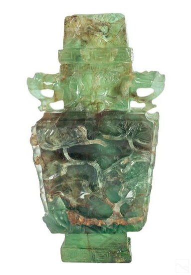 Chinese Carved Green Fluorite Hardstone Dragon Urn