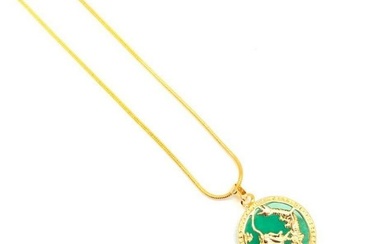 Chinese Carved Green Jade In Gold Dragon Mount Necklace