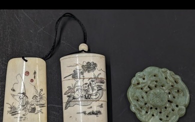 Chinese Carved Jade Pendant And Chinese Carved Bone Inro With A Finely Etched Plaque