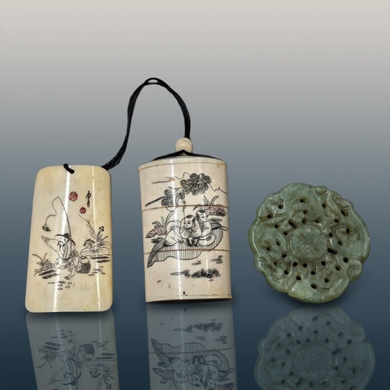 Chinese Carved Jade Pendant And Chinese Carved Bone Inro With...
