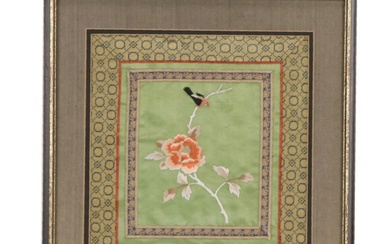 Chinese Embroidered Textile of Bird on Flowering Branch