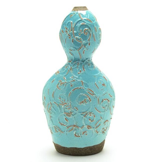 Chinese Ming Blue Glazed Double Gourd Pottery Vase.