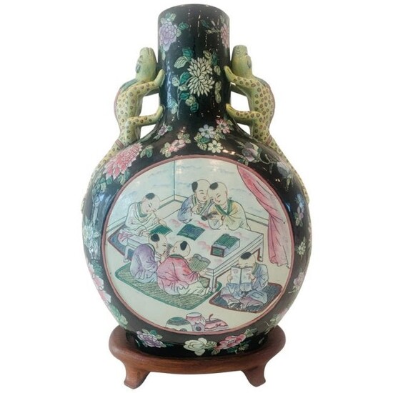 Chinese Moon Flask Vase with Split Tail Lizard Handles