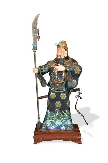 Chinese Silver Enamel Statue of Guangong, Mid-20th