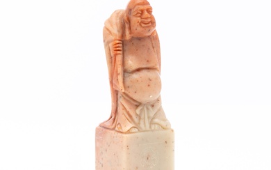 Chinese carved salmon Pink colour hardstone Budda Seal with a square base and engravings on sides. Unsigned and ready to add Your name. In excellent condition. 30 years old 3cm x 3cm x 9.5cm