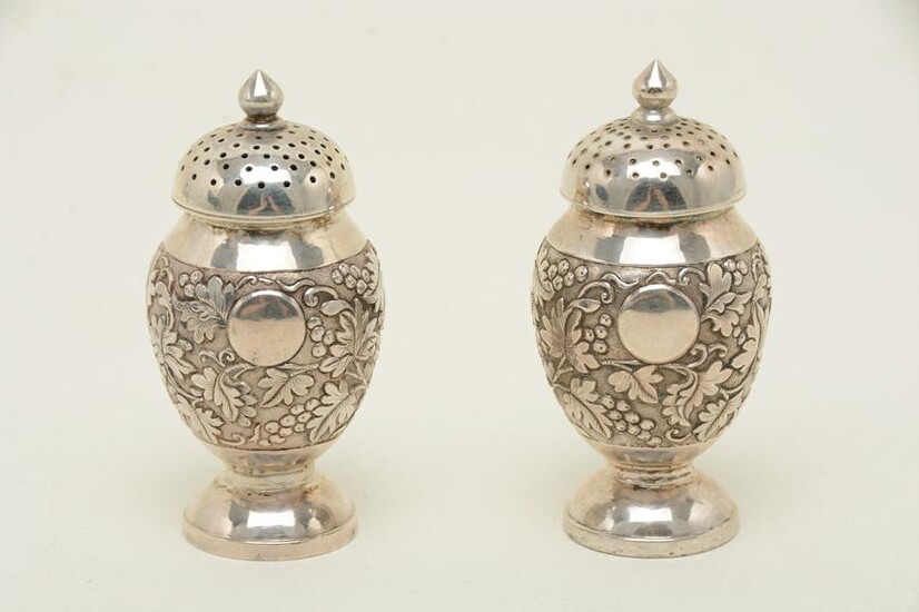 Chinese export silver pepper shakers, pair, marked