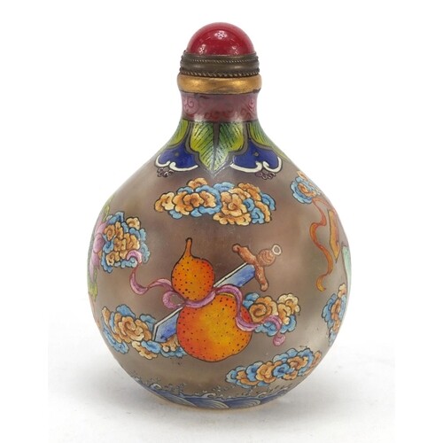 Chinese glass snuff bottle hand painted with Daoist emblems,...