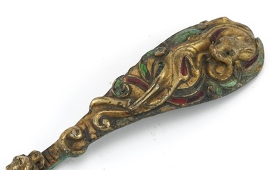 Chinese partially gilt bronze ruyi sceptre with hardstone in...