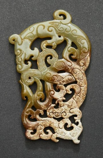 Chinese pierce carved jade pendant w/ dragons, 3"h