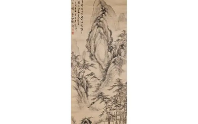 Chokunyu Tanomura (1814 - 1907) A Japanese landscape painting of tall mountains,...