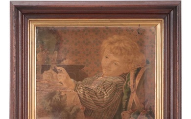 Chromolithograph of Victorian Child at Table With Dog, Late 19th Century