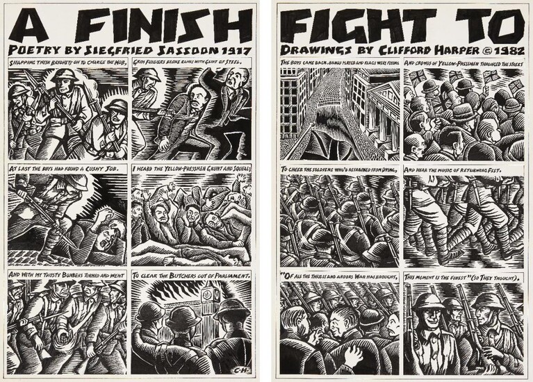 Clifford Harper, British b.1949 - Fight to a Finish, Drawings by Clifford Harper, Poetry by Siegfried Sassoon, 1982; ink and correction fluid on card, signed with initials lower right on second card, 54.5 x 39.9 cm (2) (unframed) (ARR) Provenance:...