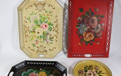 Collection of Four Tole Floral Paint Decorated Trays