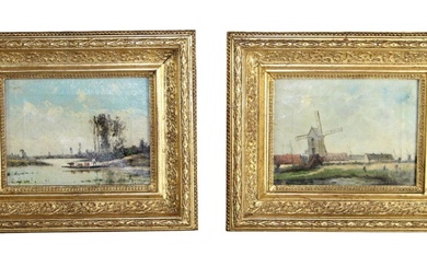 Companion pair of French oil on canvas paintings of landscapes