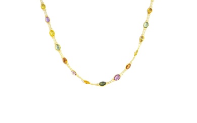 Contemporary A multi-coloured sapphire and 14 carat yellow gold...