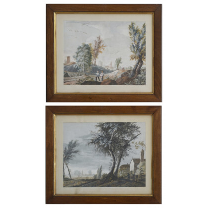 Coppia di due acquerelli su carta raffiguranti "Scene rurali con figure" In cornici di legno (cm 20x26) (lievi difetti)