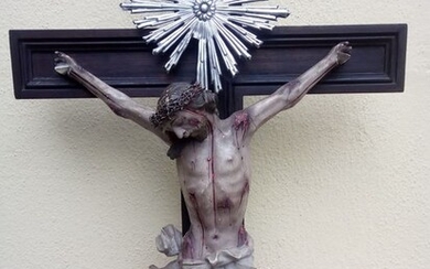 Crucifix - Louis Philippe - Wood, nails, crown of thorns and silver cartouche - Mid 19th century