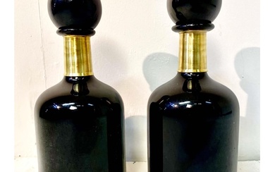 DECANTERS, a pair, Murano style black glass and gilt metal, ...