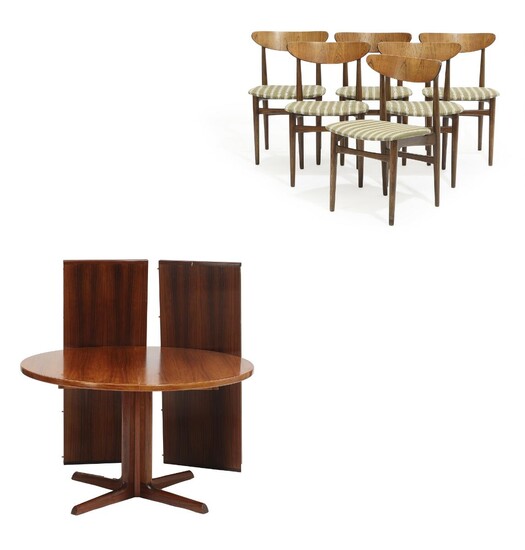 NOT SOLD. Danish furniture design: A circular rosewood dining table with extension and two extra...
