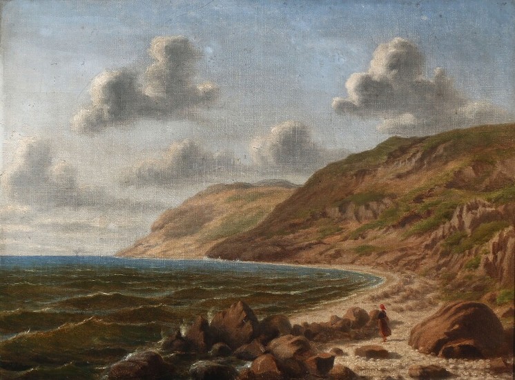Danish painter, 19th century: Coastal view with a woman looking across the sea. Signed with monogram. Oil on canvas. 33×43.5 cm.