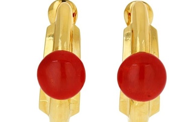 David Webb Coral 18K Yellow Gold Hoop Style Clip-On Earrings