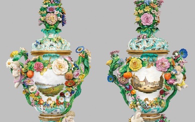 Deux magnifiques vases pot-pourri monumentaux de Meissen avec vue de Dresde, paysage de l'Elbe et...