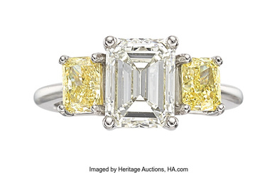 Diamond, Fancy Yellow Diamond, Platinum Ring Stones: Emerald-cut near...