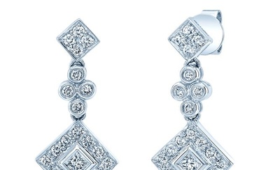 Diamond Princess/round Dangle Earrings 14k White Gold