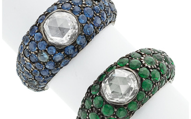 Diamond, Sapphire, Tsavorite Garnet, White Gold Rings Stones: Rose-cut...