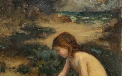 Douglas Volk (Maine, USA, 1856-1935) Oil on Canvas, "Playing on the Beach", H 12" W 10.25"