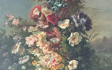 ECOLE DE LA FIN DU XIXe SIECLE Bouquet de fleurs animés d'oiseaux Huile sur panneau...