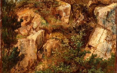 ECOLE DU XIXème SIECLE Paysage aux rochers Huile sur papier marouflé sur toile 34 x...