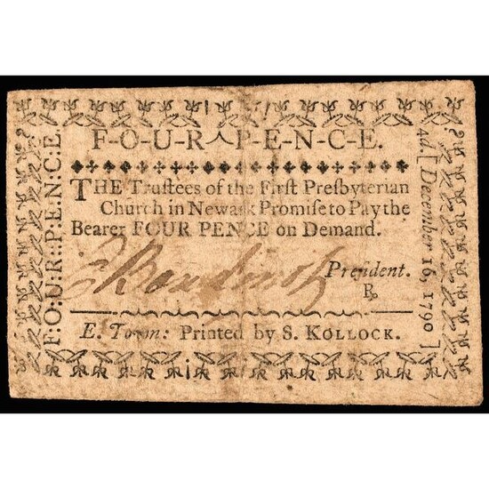 ELIAS BOUDINOT Signed 1790 4 Pence Church Note