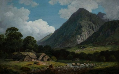 ENGLISH SCHOOL (18th century - 19th century) "Rural landscape of Wales with peasants and village"