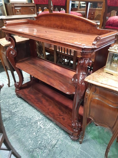 Early Victorian Mahogany Dumbwaiter, with gallery top & three tiers, with carved cabriole legs to the cantered corners