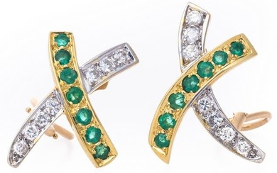 Earrings 18K gold Emerald and Diamond vintage "X" Design