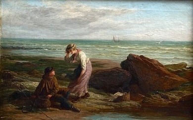 Ecole française, fin XIXe siècle : Jeunes pêcheurs sur la grève Huile sur toile, trace...