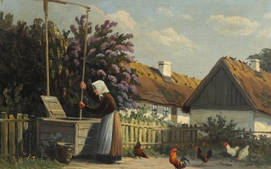 Edmund Fischer (b. 1889, d. 1952, Danish painter) Farm exterior with an...