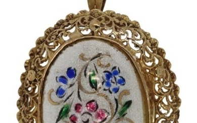Emaille - 14 kt. Yellow gold - Brooch, Pendant Floral decor