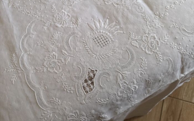 Embroidered linen cover Punto Principessa by hand - 240 x 280 cm - Linen - 21st century