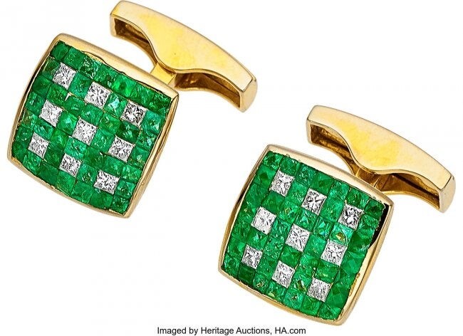 Emerald, Diamond, Gold Cuff Links Stones: Fren