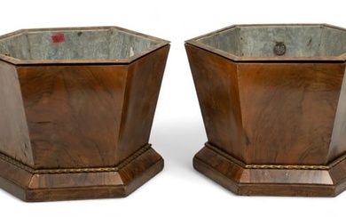 English Burled Walnut Hexagonal Planters with Lead Inserts Early 19th C., 1 Pair