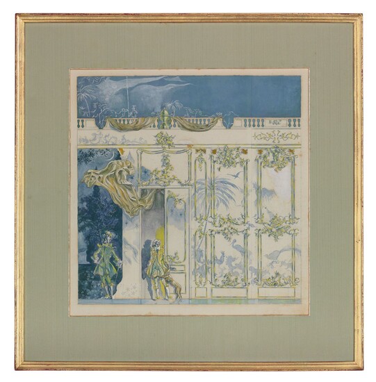English School, c. 1930, Costume Design for a Rococo stage set with two figures and a greyhound in the foreground