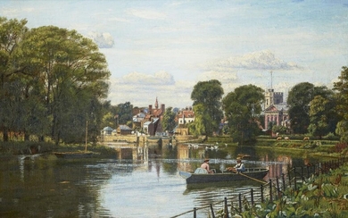 Ernest R. Fox, British 1862-1917- The View of Twickenham, Twickenham Ferry; oil on canvas, signed and dated 'E. R. Fox. / 1885' (lower right), signed, dated and inscribed '1st July 1883 - 2nd July 1884 ... 1885 / Twickenham Ferry. / Ernest R. Fox'...