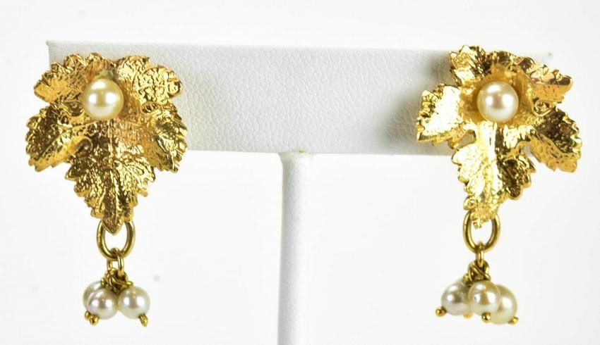 Estate 14kt Yellow Gold & Pearl Cluster Earrings