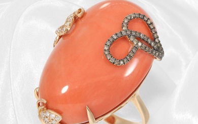 Extremely decorative goldsmith's ring in like new condition with large coral and brown and white brilliant-cut diamonds