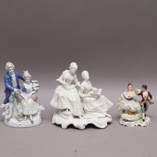 FIGURINES, 3 pcs, porcelain, Rococo couples, i.a. GDR, Germany.